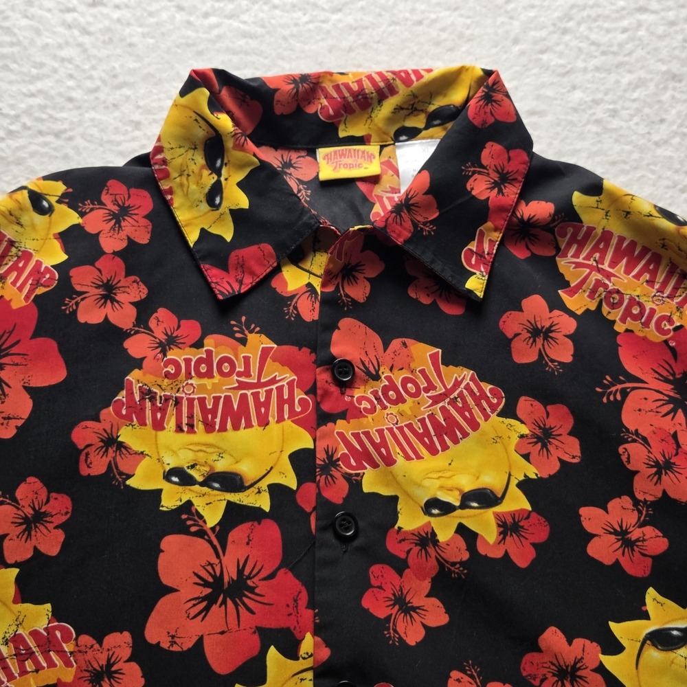 Hawaiian Tropic Shirt Mens XL Black Floral Graphic Short Sleeve Button-Up Beach